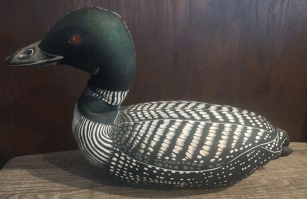1980s Loon Duck Stuffed Fabric Decoy Decor Black and White Cabin Shelf Bird